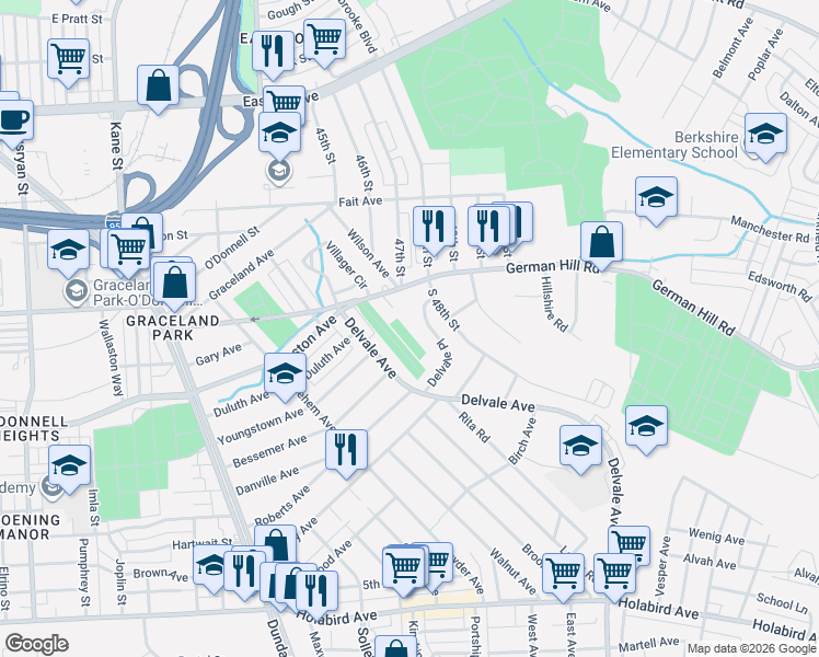 map of restaurants, bars, coffee shops, grocery stores, and more near 14 Court Pleasant in Dundalk
