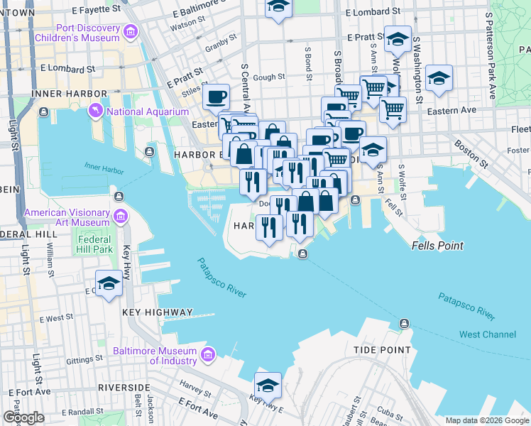 map of restaurants, bars, coffee shops, grocery stores, and more near 1305 Dock Street in Baltimore