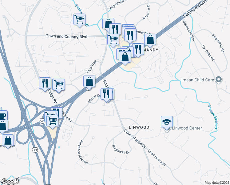 map of restaurants, bars, coffee shops, grocery stores, and more near 3305 Oak West Drive in Ellicott City