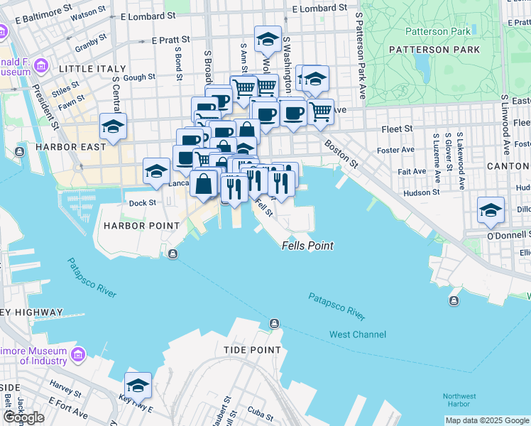 map of restaurants, bars, coffee shops, grocery stores, and more near 928 Fell Street in Baltimore