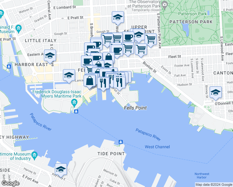map of restaurants, bars, coffee shops, grocery stores, and more near 928 Fell Street in Baltimore