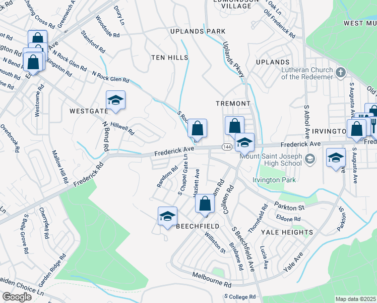 map of restaurants, bars, coffee shops, grocery stores, and more near 5047 Frederick Avenue in Baltimore