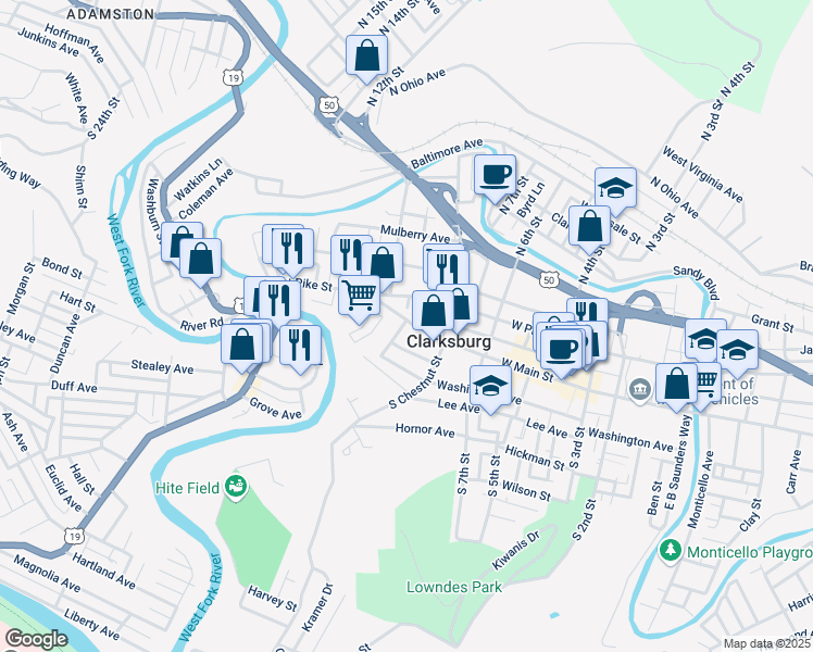 map of restaurants, bars, coffee shops, grocery stores, and more near 628 Dale Avenue in Clarksburg