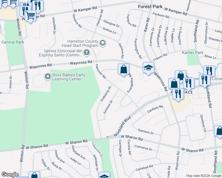 map of restaurants, bars, coffee shops, grocery stores, and more near 11212 Embassy Drive in Cincinnati
