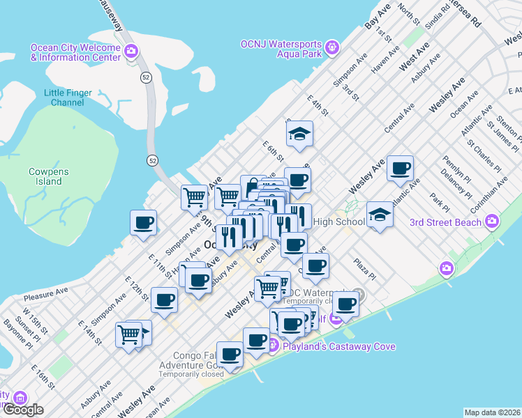 map of restaurants, bars, coffee shops, grocery stores, and more near 749 West Avenue in Ocean City