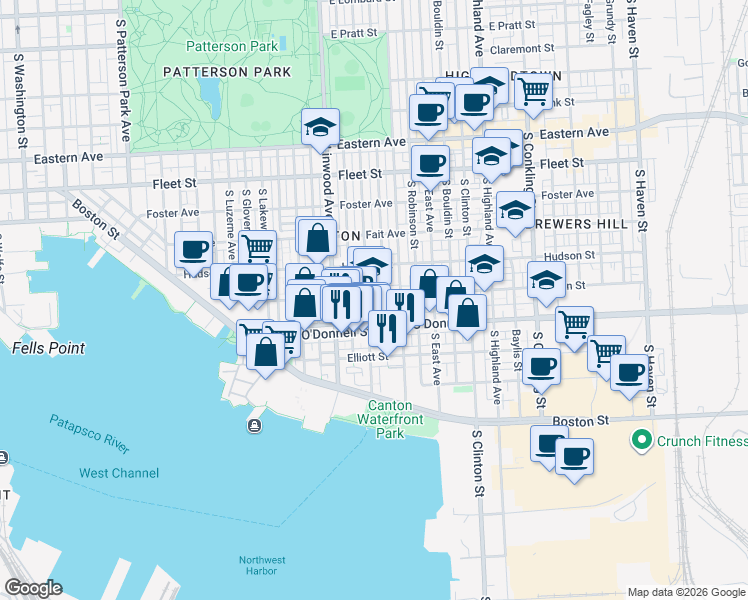 map of restaurants, bars, coffee shops, grocery stores, and more near 1001 South Potomac Street in Baltimore