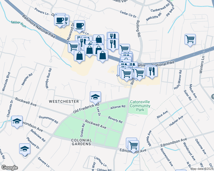 map of restaurants, bars, coffee shops, grocery stores, and more near 1 McIntosh Court in Catonsville