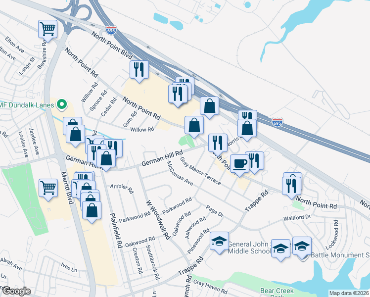 map of restaurants, bars, coffee shops, grocery stores, and more near 7472 German Hill Road in Dundalk