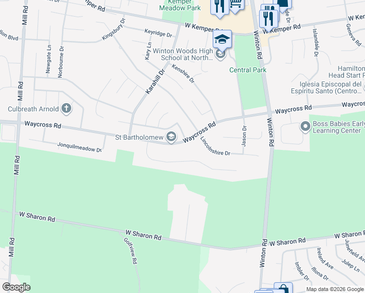 map of restaurants, bars, coffee shops, grocery stores, and more near 1321 Waycross Road in Cincinnati