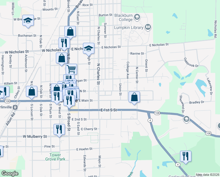 map of restaurants, bars, coffee shops, grocery stores, and more near 515 East 1st North Street in Carlinville