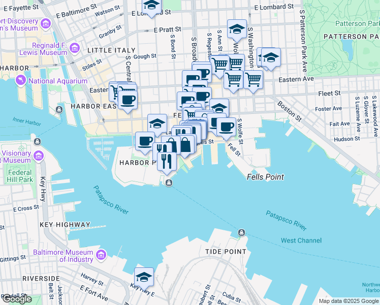 map of restaurants, bars, coffee shops, grocery stores, and more near 1615 Thames Street in Baltimore