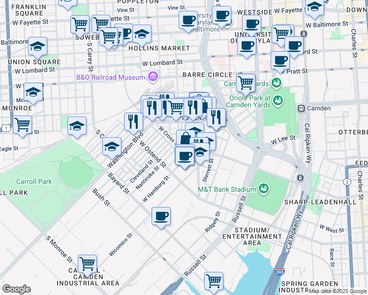 map of restaurants, bars, coffee shops, grocery stores, and more near 1018 West Cross Street in Baltimore