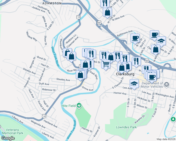 map of restaurants, bars, coffee shops, grocery stores, and more near 34 Milford Street in Clarksburg