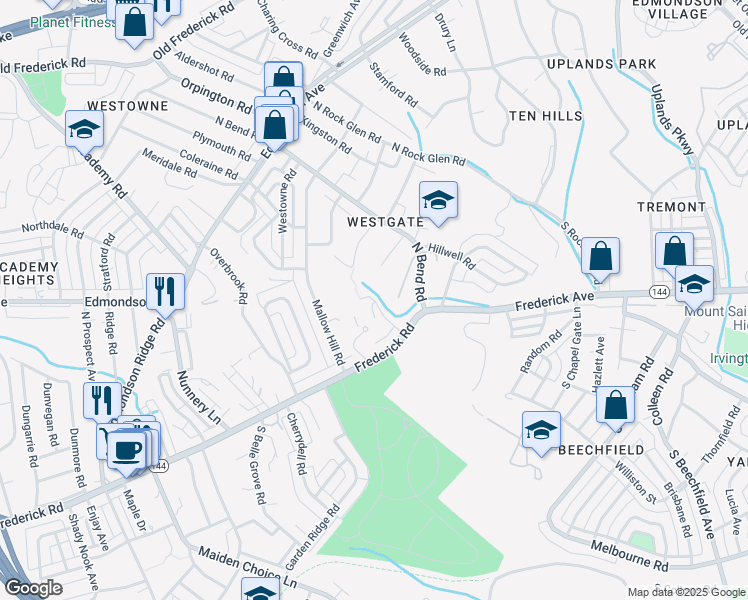 map of restaurants, bars, coffee shops, grocery stores, and more near 230 Stonecroft Road in Baltimore