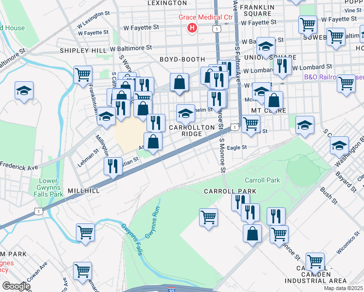 map of restaurants, bars, coffee shops, grocery stores, and more near 2128 Wilkens Avenue in Baltimore