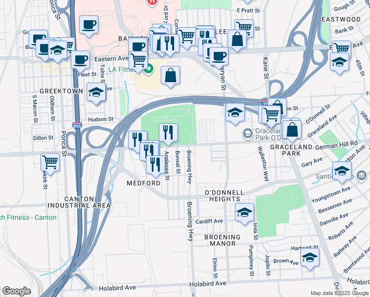 map of restaurants, bars, coffee shops, grocery stores, and more near 5905 O Donnell Street in Baltimore