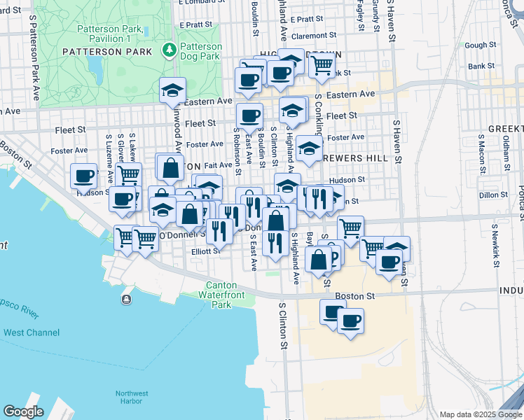 map of restaurants, bars, coffee shops, grocery stores, and more near 3219 Dillon Street in Baltimore