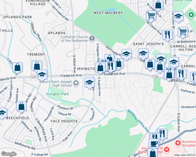 map of restaurants, bars, coffee shops, grocery stores, and more near 300 South Augusta Avenue in Baltimore