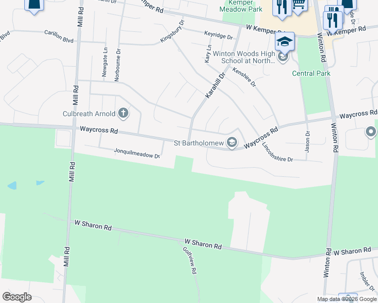 map of restaurants, bars, coffee shops, grocery stores, and more near 1321-1419 Waycross Rd in Cincinnati