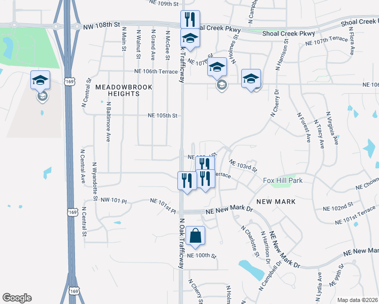 map of restaurants, bars, coffee shops, grocery stores, and more near 405 Northeast 103rd Street in Kansas City