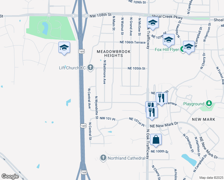map of restaurants, bars, coffee shops, grocery stores, and more near 10228 North Main Street in Kansas City