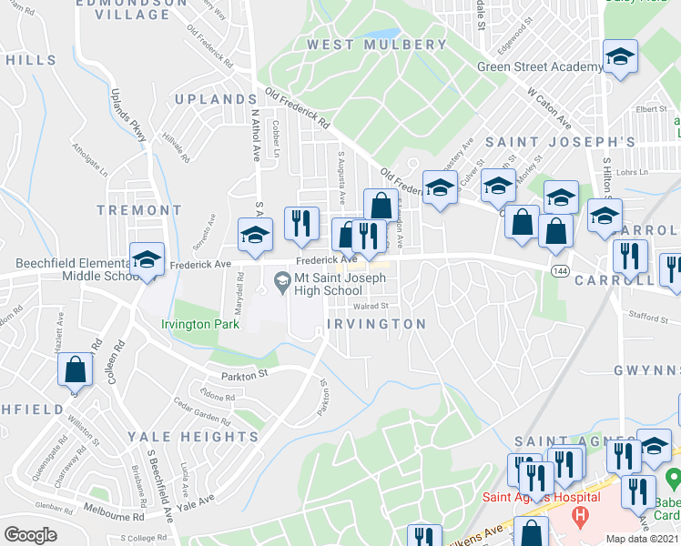 map of restaurants, bars, coffee shops, grocery stores, and more near 300 South Augusta Avenue in Baltimore
