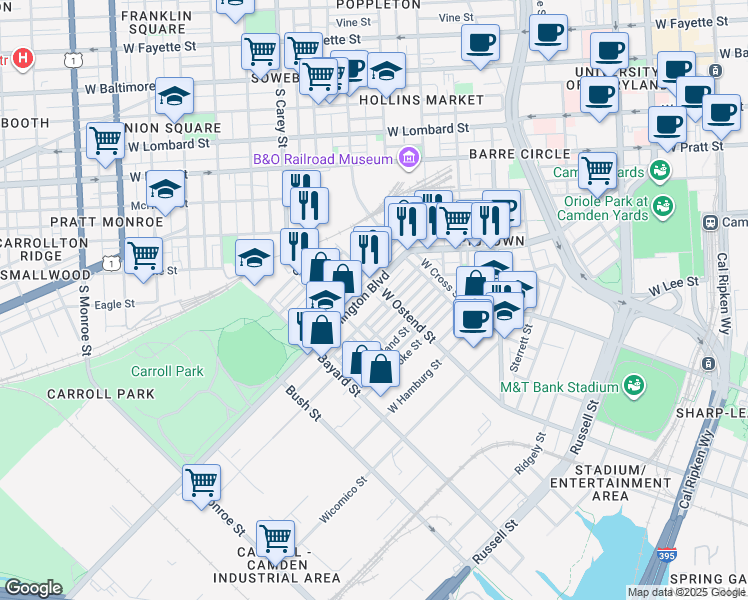 map of restaurants, bars, coffee shops, grocery stores, and more near 1219 Washington Boulevard in Baltimore