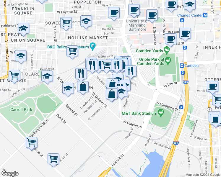 map of restaurants, bars, coffee shops, grocery stores, and more near 1024 West Cross Street in Baltimore