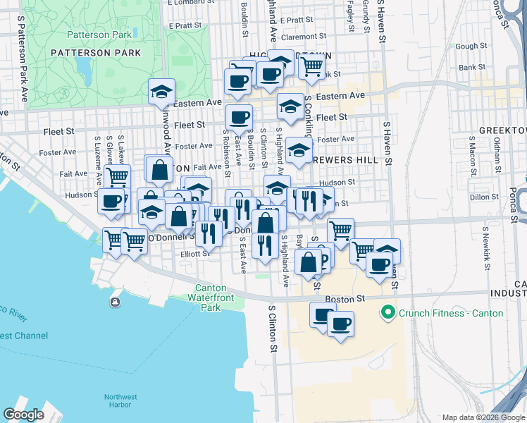 map of restaurants, bars, coffee shops, grocery stores, and more near 1004 South Clinton Street in Baltimore