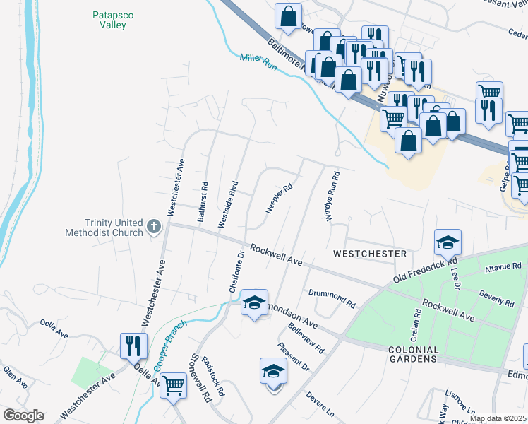 map of restaurants, bars, coffee shops, grocery stores, and more near 410 Neepier Road in Catonsville