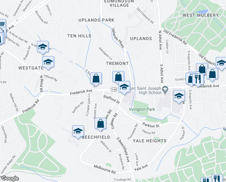 map of restaurants, bars, coffee shops, grocery stores, and more near 4907 Frederick Avenue in Baltimore