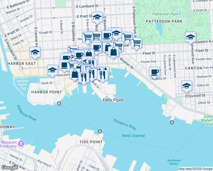 map of restaurants, bars, coffee shops, grocery stores, and more near 915 South Wolfe Street in Baltimore