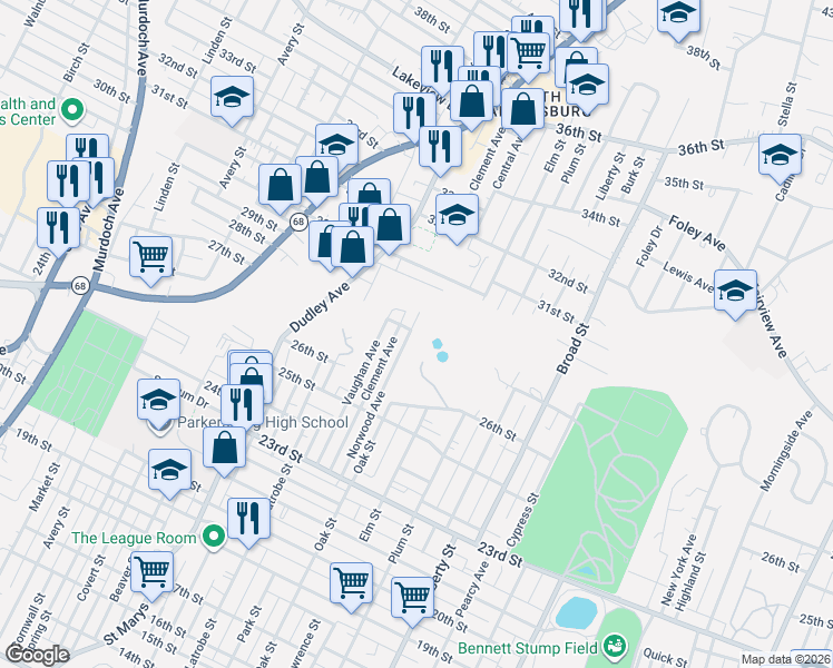 map of restaurants, bars, coffee shops, grocery stores, and more near 2807 Norwood Avenue in Parkersburg