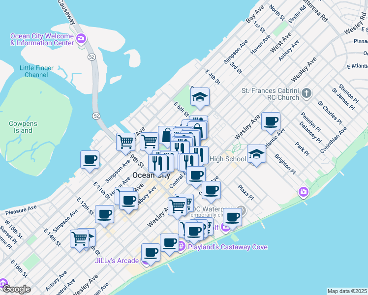 map of restaurants, bars, coffee shops, grocery stores, and more near 648 West Avenue in Ocean City