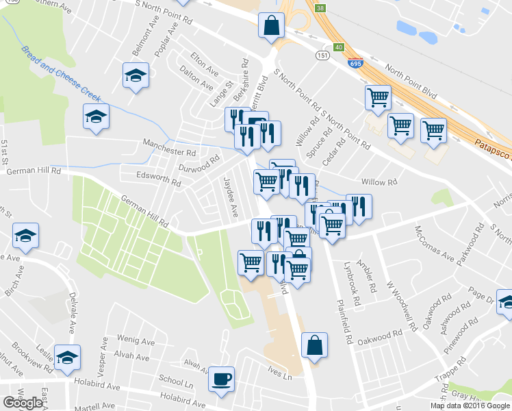 map of restaurants, bars, coffee shops, grocery stores, and more near 881 Mildred Avenue in Dundalk