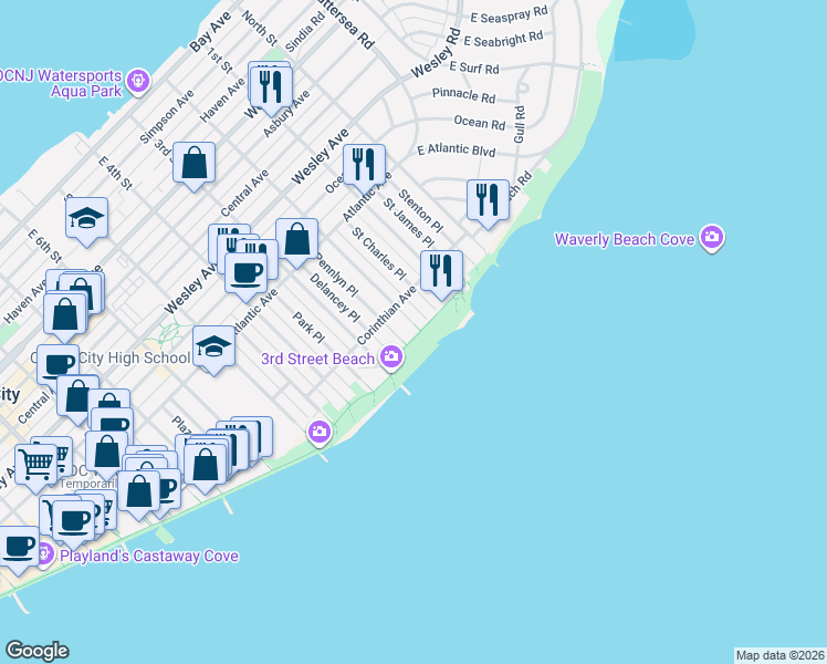 map of restaurants, bars, coffee shops, grocery stores, and more near 901 2nd Street in Ocean City