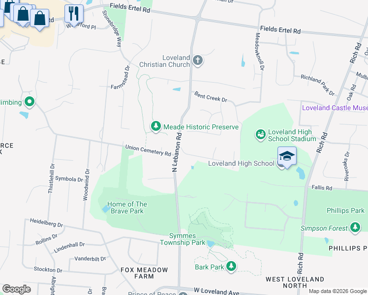 map of restaurants, bars, coffee shops, grocery stores, and more near 11850 North Lebanon Road in Loveland
