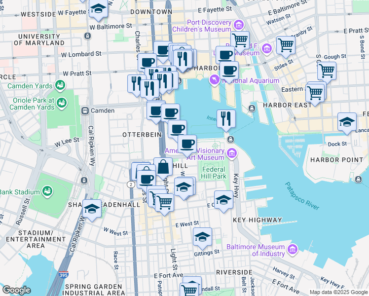 map of restaurants, bars, coffee shops, grocery stores, and more near 300 Key Highway in Baltimore
