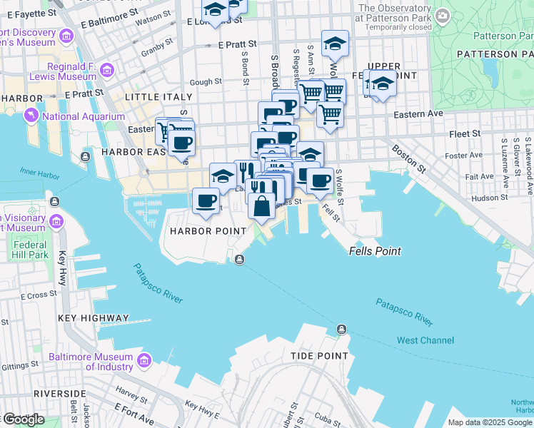 map of restaurants, bars, coffee shops, grocery stores, and more near 1615 Thames Street in Baltimore