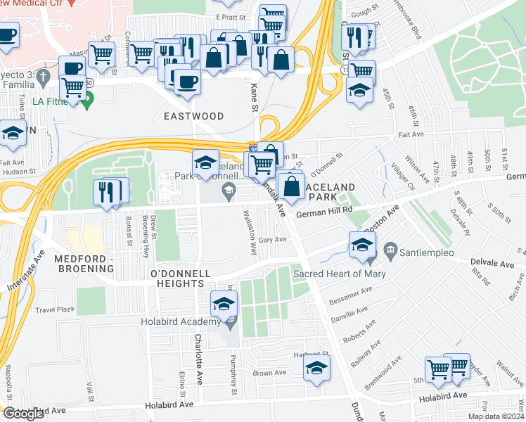 map of restaurants, bars, coffee shops, grocery stores, and more near 1100 Steelton Avenue in Baltimore