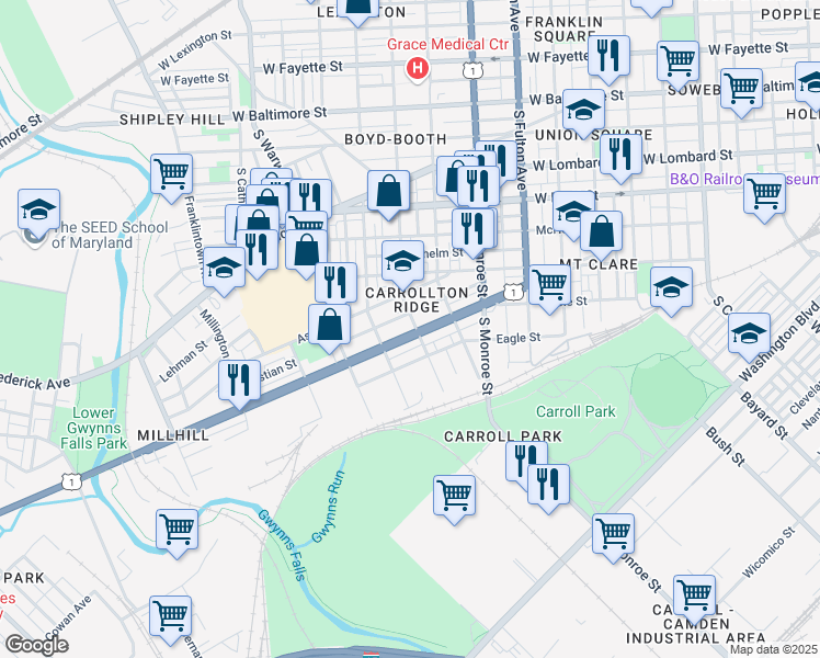 map of restaurants, bars, coffee shops, grocery stores, and more near 2104 Wilkens Avenue in Baltimore