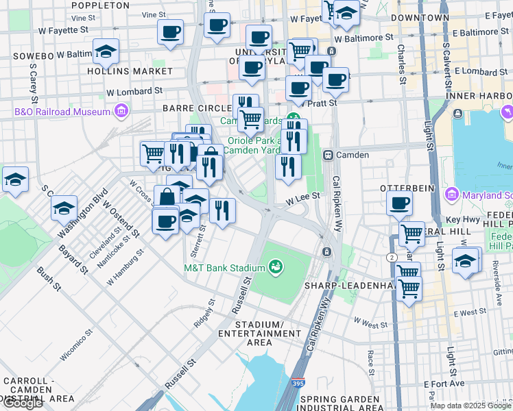 map of restaurants, bars, coffee shops, grocery stores, and more near Martin Luther King Junior Boulevard in Baltimore