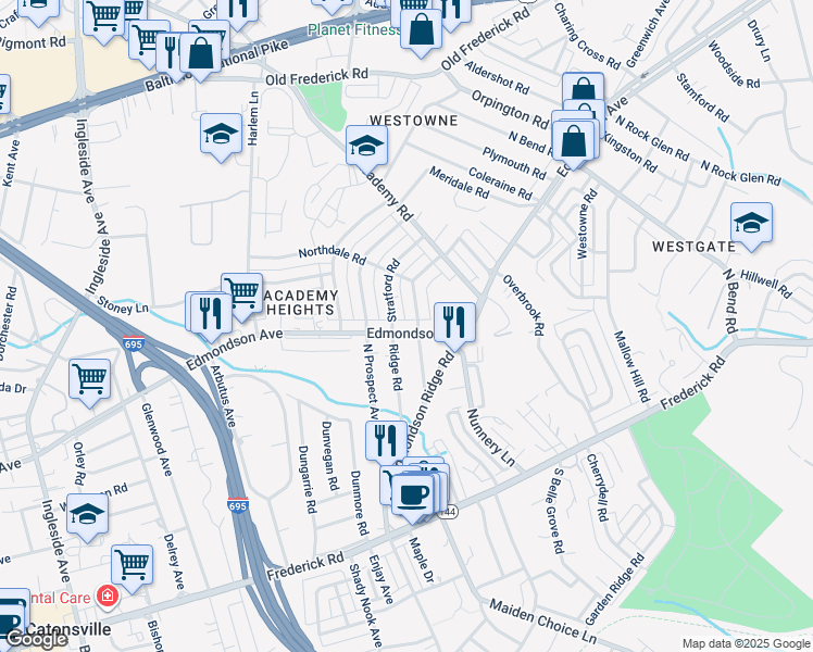 map of restaurants, bars, coffee shops, grocery stores, and more near 5904 Edmondson Avenue in Catonsville
