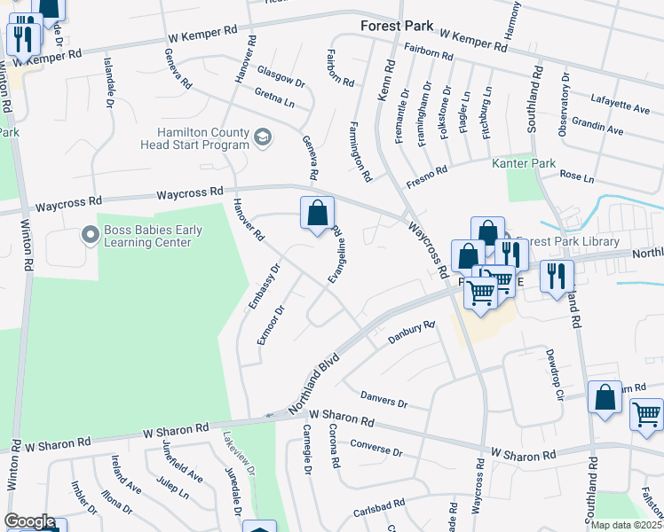 map of restaurants, bars, coffee shops, grocery stores, and more near 730 Evangeline Road in Cincinnati