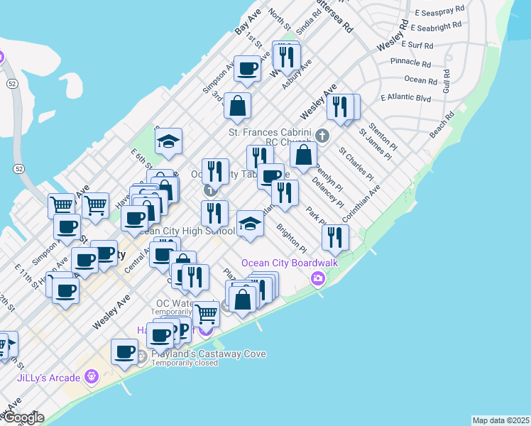 map of restaurants, bars, coffee shops, grocery stores, and more near 501 Atlantic Avenue in Ocean City