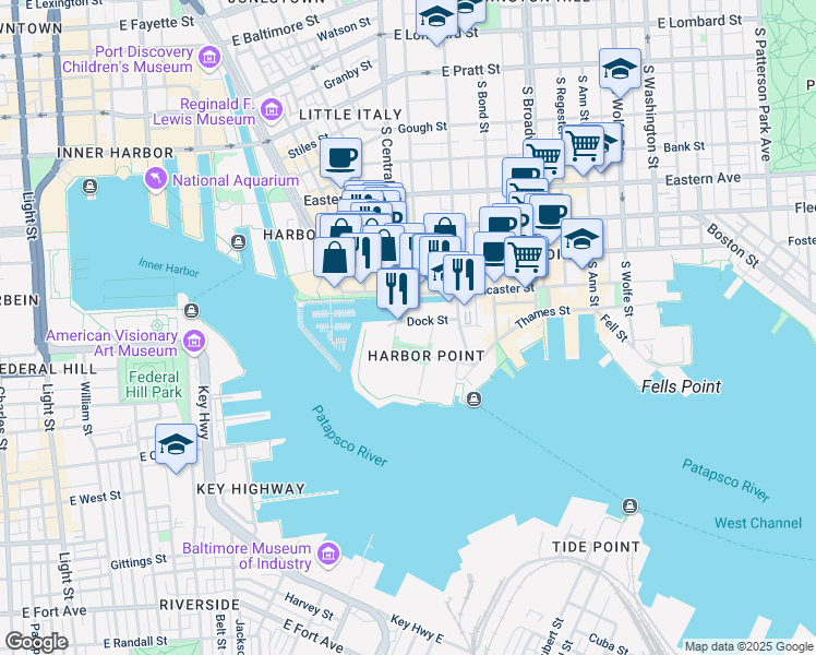 map of restaurants, bars, coffee shops, grocery stores, and more near 1305 Dock Street in Baltimore