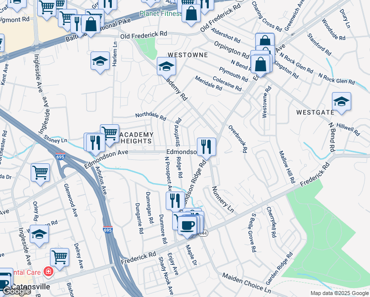 map of restaurants, bars, coffee shops, grocery stores, and more near 5904 Edmondson Avenue in Catonsville