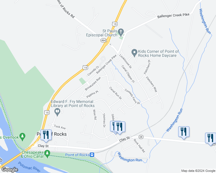 map of restaurants, bars, coffee shops, grocery stores, and more near 1730 Canal Run Drive in Point of Rocks