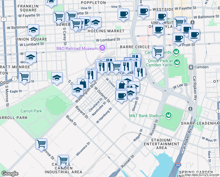 map of restaurants, bars, coffee shops, grocery stores, and more near 1128 Cleveland Street in Baltimore