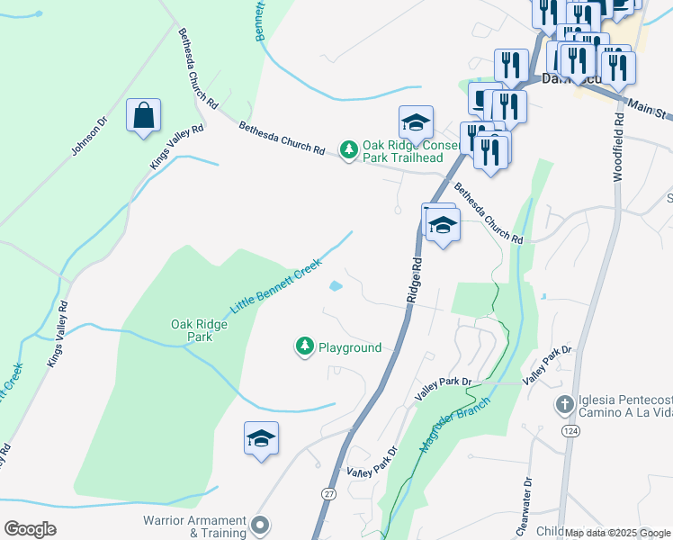 map of restaurants, bars, coffee shops, grocery stores, and more near 25740 Ridge Road in Damascus